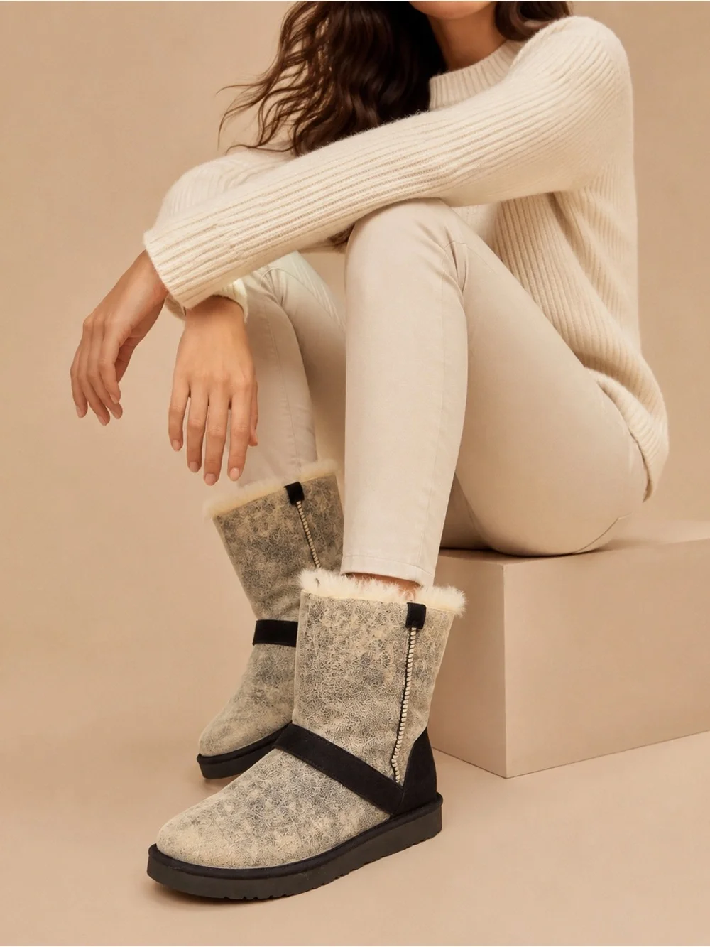 UGG Two-Tone Shearling Short Boots in Cream and Black
